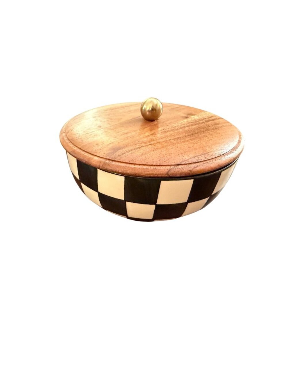 Black White Checkered Lidded Container 5.5” Wood Lid Decorative Storage Bowl